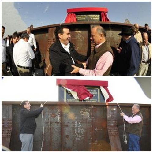 Autoridades de Cameron y Matamoros instalan placa de limite en nuevo puente Ferroviario.