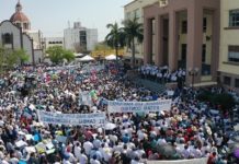 Burócratas realizan marcha en apoyo a Cabeza de Vaca