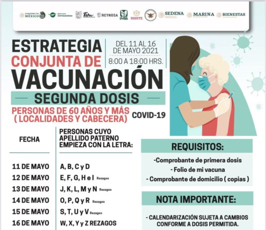 Invita Municipio a adultos mayores a recibir segunda dosis anti COVID-19