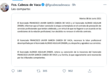 Anuncia el gobernador Francisco García Cabeza de Vaca que el abogado Aguilar Zínser ya no lo representa