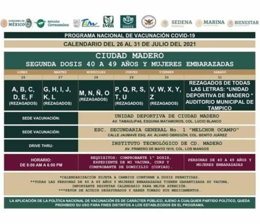 Iniciará aplicación de segunda dosis anticovid en Madero.