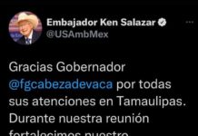 Embajador de Estados Unidos agradece al Gobernador de Tamaulipas tras reunión de trabajo