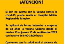 Reinicia vacunación Anti Covid a mayores de 18 años el Hospital Militar en Tampico