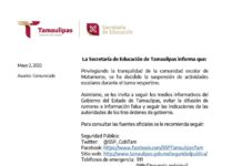 Oficial suspenden clases en Matamoros
