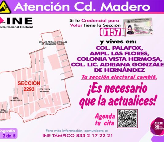 INE Tampico invita a la ciudadanía a la actualización de su Credencial para Votar por reseccionamiento de la sección electoral 0157